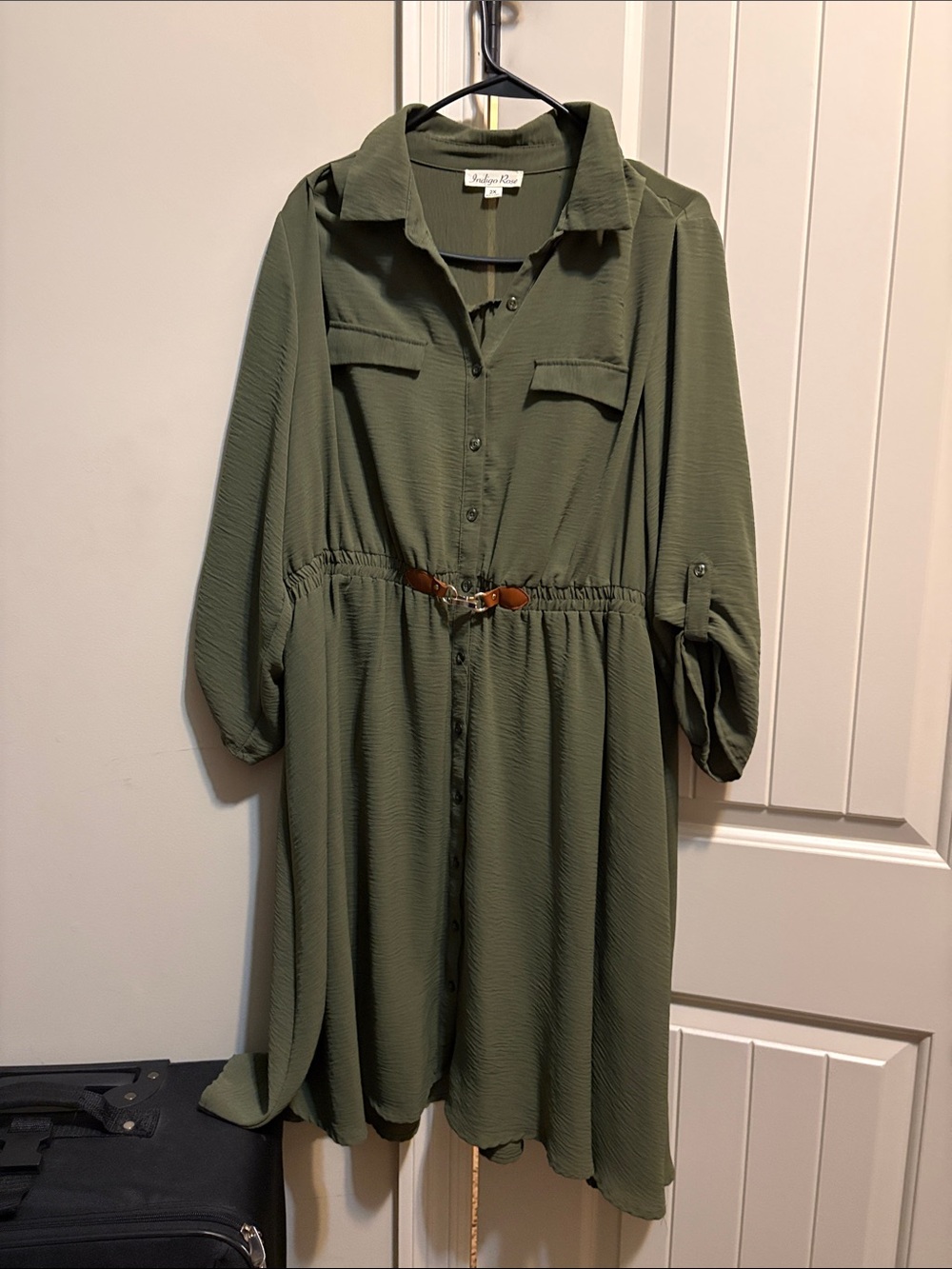 Olive Green Button-Front Long Sleeve Shirt Dress with Belt